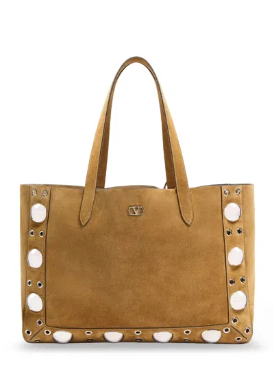 Valentino Garavani Suede Shopping Bag With Metal Logo In Brown