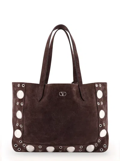 Valentino Garavani Suede Shoulder Bag With Maxi Metal Studs In Brown