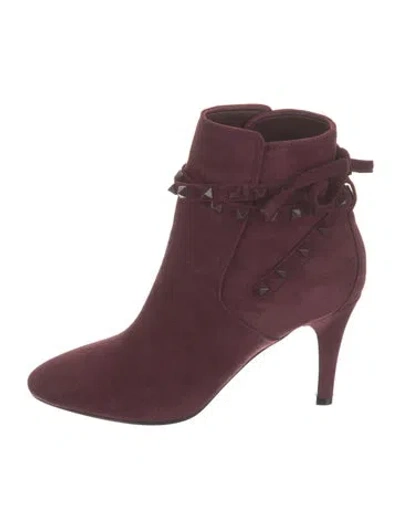 Pre-owned Valentino Garavani Suede Studded Accents Boots In Burgundy