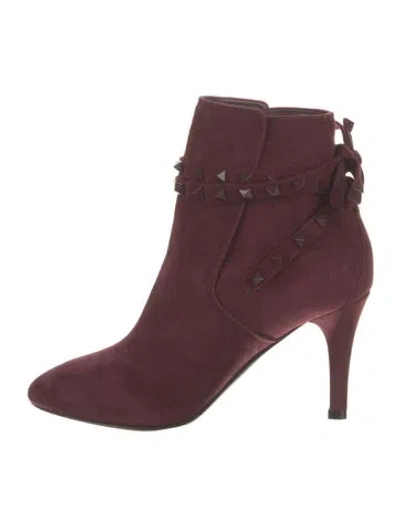 Pre-owned Valentino Garavani Suede Studded Accents Boots In Burgundy