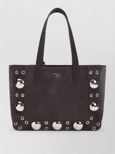 Valentino Garavani Suede Tote Bag Medium Size Studs Dual Handles In Brown