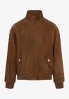 Valentino Ribbed Lambskin Suede Leather Jacket With Stand-up Collar In Brown