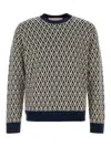 Valentino Crewneck Wool Jumper With Toute La V Jacquard Pattern In Dark Blue