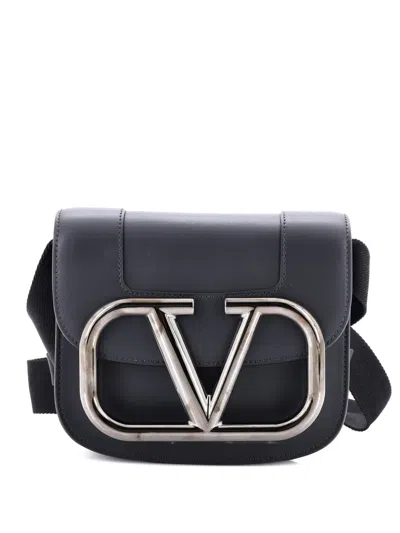 Pre-owned Valentino Garavani Supervee Convertible Satchel Leather Small Crossbody Bag In Black
