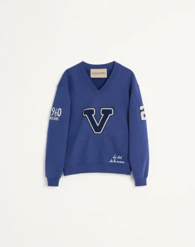 VALENTINO VALENTINO EMBROIDERED COTTON SWEATSHIRT WOMAN BLUE/IVORY L