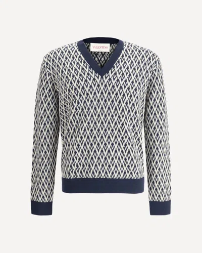 Valentino Geometric Zigzag Knitwear With V-neck Design In Gray