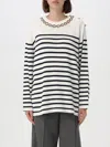 Valentino Embellished Striped Ribbed Cotton Sweater In Navy