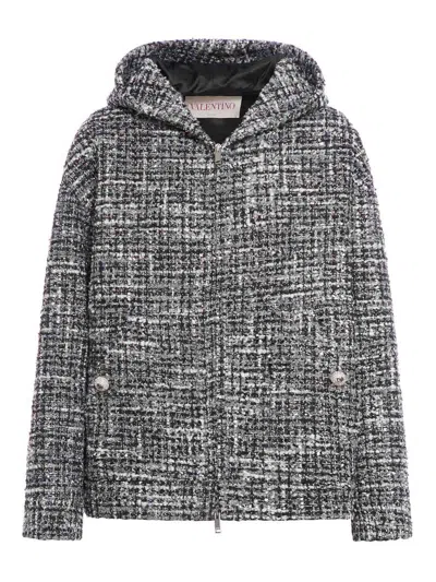 Valentino Double Tweed Hooded Jacket In Black