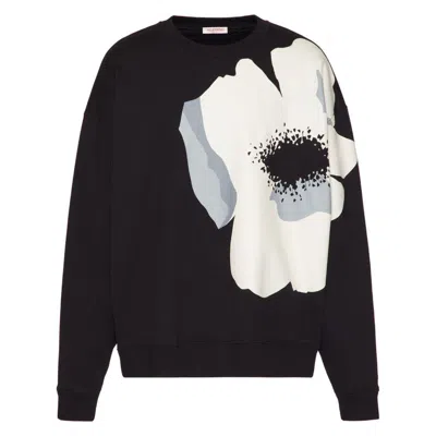 Valentino Cotton Crewneck Sweatshirt With Flower Portrait Print In Black/grey/ivory