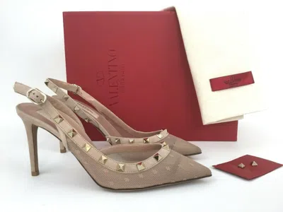 Pre-owned Valentino Garavani Sz.40.5  Rockstud Slingback Pointy Toe Beige Mesh Pump