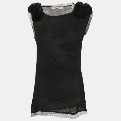 Pre-owned Valentino T-shirt Couture Black Floral Applique Tulle Trim Jersey Sleeveless T-shirt M