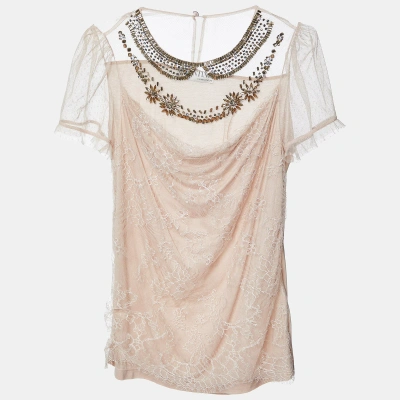 Pre-owned Valentino T Shirt Couture Valentino T-shirt Couture Pale Pink Embellished Tulle & Jersey Top M