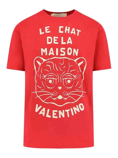 Valentino T-shirt In Cotone Le Chat De La Maison In Red