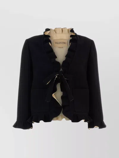 Valentino Tailored Boucle Blazer Ruffled Trim In Black