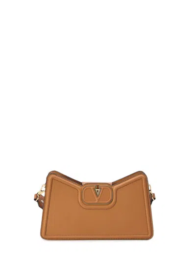 Valentino Garavani Tan-colored V-logo Leather Shoulder Bag For Women In Grained Calfskin In Brown