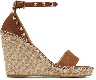 Valentino Garavani Tan Double Rockstud Grainy Calfskin Wedge Sandals