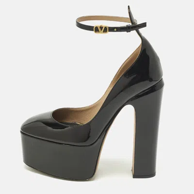 Pre-owned Valentino Garavani Tan-go Size 38 Black Patent Leather Platform Ankle Strap Pumps