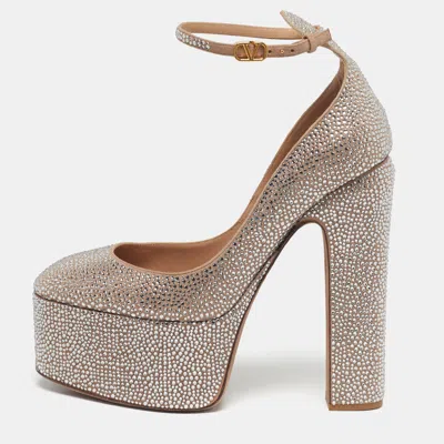 Pre-owned Valentino Garavani Tan-go Size 40.5 Beige Suede Crystal Embellished Platform Pumps In Sand