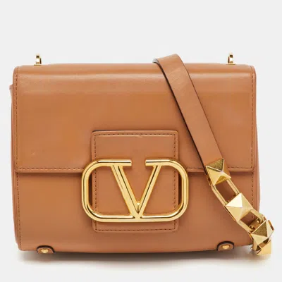 Pre-owned Valentino Garavani Tan Leather Stud Sign Flap Shoulder Bag In Brown