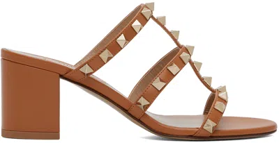 Valentino Garavani Tan Rockstud Calfskin Heeled Sandals In Kel Almond Beige