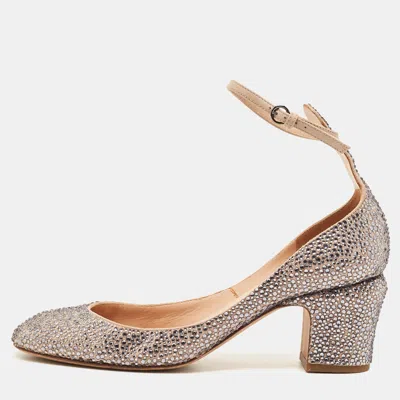Pre-owned Valentino Garavani Tan-go Size 37 Beige Suede Crystal Embellished Block Heel Ankle Strap Pumps In Sand