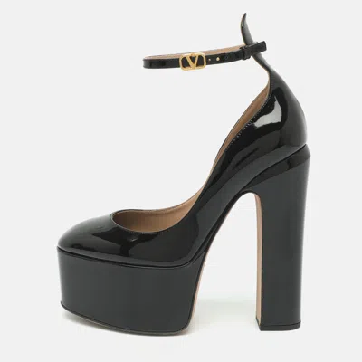 Pre-owned Valentino Garavani Tan-go Size 37.5 Black Patent Leather Platform Pumps