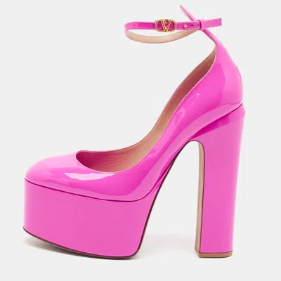 Pre-owned Valentino Garavani Tan-go Size 37.5 Pink Patent Leather Block Heel Pumps