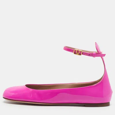Pre-owned Valentino Garavani Tan-go Size 38 Neon Pink Patent Leather Ankle Strap Ballet Flats