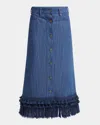 Valentino Cotton-linen Fringed Midi Skirt In Blue