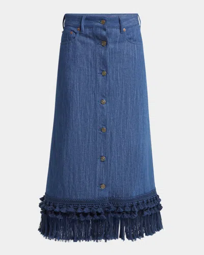 Valentino Tassel Button-fly Denim Skirt In Blue