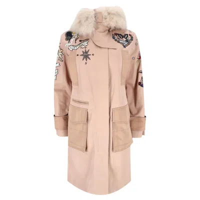 Pre-owned Valentino Tattoo Bead-embroidered Fur Trimmed Parka Coat In Sand