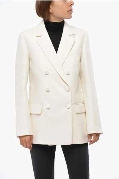 Valentino Textured Fabric Double Breasted Blazer With Flap Pockets In White