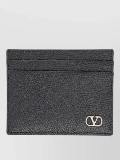 Valentino Garavani Textured Finish Compact Leather Wallet Cardholder In Black