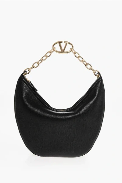 Valentino Garavani Textured Leather Hobo Bag With Jewelled Chain In Black