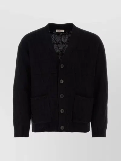 Valentino Textured Wool Cardigan With Embroidered Motif In Navy