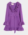 Valentino Garavani Purple Short Dress With V-neck And Ruffles In Virgin Wool And Silk Blend Woman In Orchid
