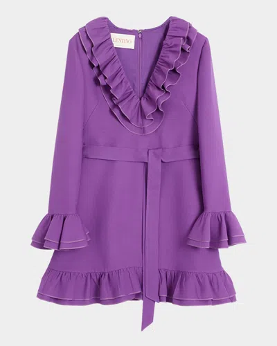 VALENTINO TIERED RUFFLE V-NECK WOOL MINI DRESS