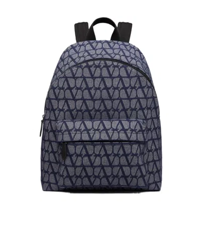 Valentino Garavani Toile Iconographe Backpack In Denim-effect Jacquard Fabric In Blue