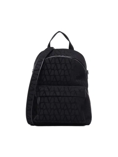 Valentino Garavani Toile Iconographe Backpack In Toile Iconographe With Leather Details In Black