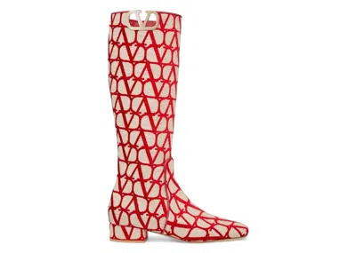 Pre-owned Valentino Garavani Toile Iconographe Calfskin V'logo High Knee High Boots (women's) Sneakers In Beige/red In Multi