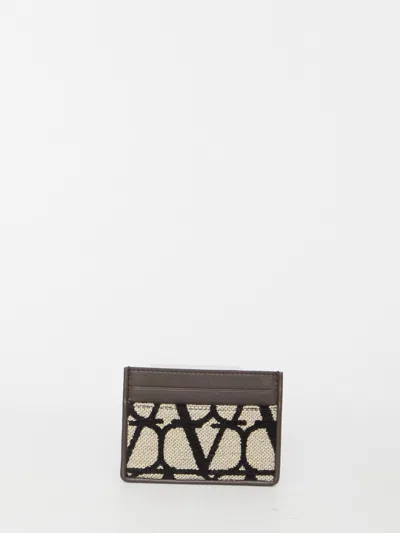 Valentino Garavani Toile Iconographe Cardholder With Leather Details In Beige/black