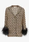 Valentino Feather-trim Logo Pyjama Shirt In Beige