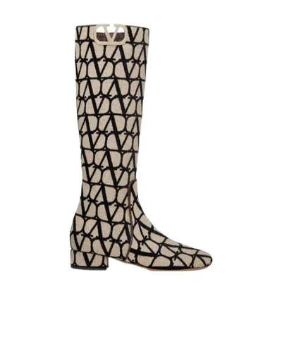 Valentino Garavani Beige Canvas High Heel Boots In Brown