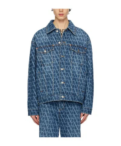 Valentino Blue Toile Iconographe Denim Jacket In Medium Blue Denim