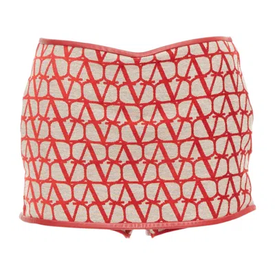 Pre-owned Valentino Toile Iconographe Red Beige Logo Leather Trim Mini Skort It38 Xs