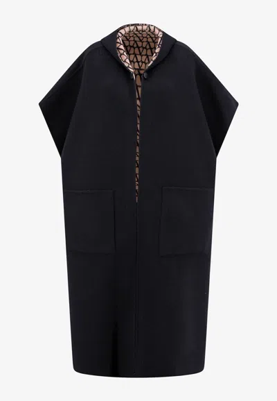 VALENTINO TOILE ICONOGRAPHE REVERSIBLE WOOL CAPE COAT WITH HOOD