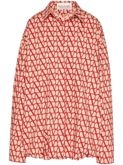 Valentino Toile Iconographe Shirtdress In Beige/red