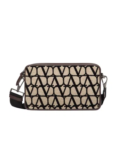 Valentino Garavani Toile Iconographe Shoulder Bag With Leather Details In Black