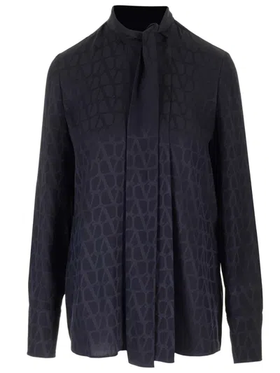 Valentino Iconographe Silk Jacquard Shirt W/ Scarf In Blue