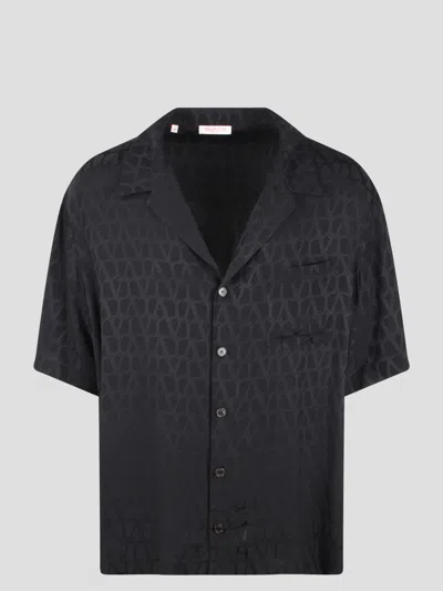 Valentino Toile Iconographe Silk Bowling Shirt In Black
